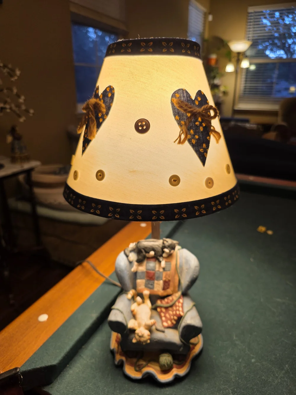 Vintage Blue & Cream Cat Accent Lantern Lamp with Heart Motif